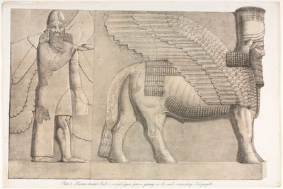 Monumentos de Nínive: lámina 3, toro con cabeza humana y figura alada de una entrada en el muro que rodea a Kouyunjik (Quyunjik) de Austen Henry Layard