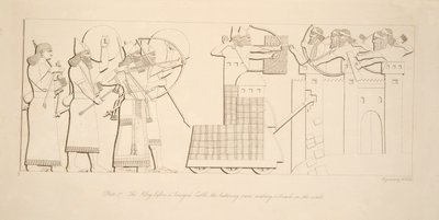 El rey ante un castillo sitiado, el ariete haciendo una brecha en las murallas, de Monumentos de Nínive, pub. 1849 de Austen Henry Layard