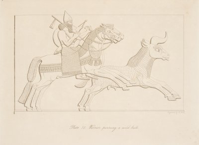 Guerrero persiguiendo un toro salvaje, de Monumentos de Nínive, pub. 1849 de Austen Henry Layard