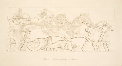 Guerreros luchando en carros, de Monumentos de Nínive, pub. 1849 de Austen Henry Layard
