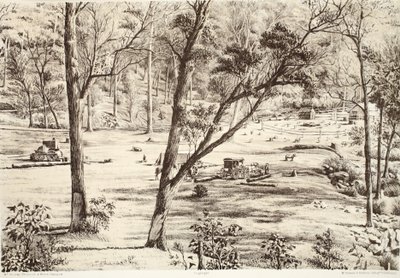 Cabaña de Selectores Libres, de La Historia de Australasia por David Blair, McGrady, Thomson y Niven, 1879 de Australian School
