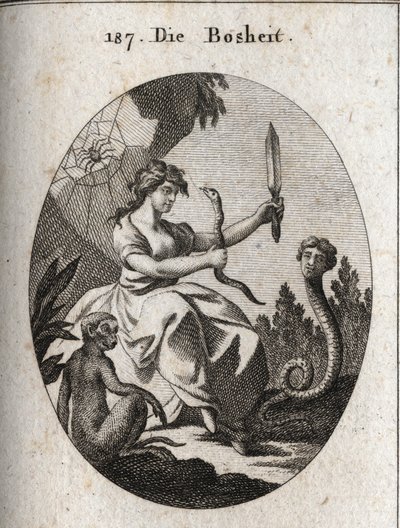 Alegoría de la maldad. Ella parece feliz con un áspid y un puñal. Sus atributos son la serpiente con cara humana que desea el fraude, el mono que es el emblema de la malicia y la araña que alude a trampas. Grabado en “Iconologie oder Ideen aus dem Gebiete  de Austrian School