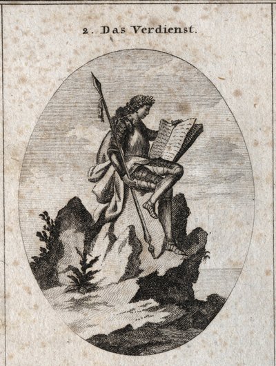 Alegoría del mérito representada en la cima de una roca empinada con armas y un libro simbolizando el resultado de sus obras y estudios. Grabado en 