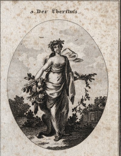 Alegoría de la Abundancia. La representamos hermosa y graciosa. La corona de flores significa la alegría de sus dones. El ramo de espigas y las diferentes verduras que sostiene en sus manos se arrepienten a sus pies, marcando la abundancia y descuidando la de Austrian School