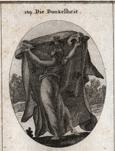 Alegoría de la oscuridad. Extiende un velo oscuro con el que impide la penetración de la luz. Sus atributos son el búho y otras aves nocturnas. Grabado en “Iconologie oder Ideen aus dem Gebiete der Leidenschaften und Allegorien bildich dargestellt fur Zeic de Austrian School