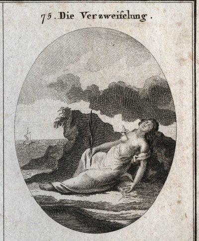 Alegoría de la desesperación con un puñal en el pecho y una rama de ciprés en la mano (árbol que una vez adornó las tumbas). La brújula de brisa es el emblema del desorden del pensamiento. Grabado en "Iconologie oder Ideen aus dem Gebiete der Leidenschafte de Austrian School