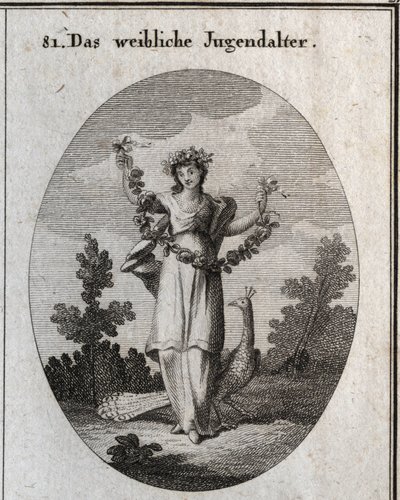 Alegoría de la adolescencia (joven) representada por una joven con una corona y una guirnalda de flores para denotar la felicidad. El pavo real simboliza el amor por el adorno. Su pie está colocado sobre un reloj de arena. Grabado en "Iconologie oder Ideen de Austrian School