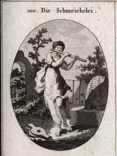 Alegoría de la adulación tocando la flauta para marcar que busca insinuarse por la dulzura de sus palabras. Su atributo es la abeja (por la dulzura de la miel y el veneno del aguijón) y el fuelle (la adulación enciende el fuego de las pasiones). Grabado en de Austrian School