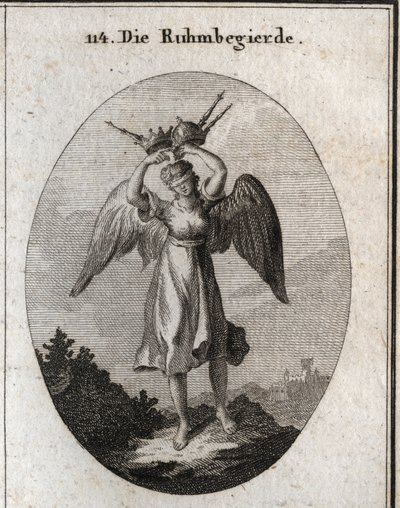 Alegoría de la ambición. Sus alas marcan su inclinación a elevarse y su temeridad está diseñada por varios tipos de coronas y cetros. La venda subraya su falta de discernimiento y su ceguera sobre todo lo que cree merecer. Grabado en "Iconologie" de Austrian School