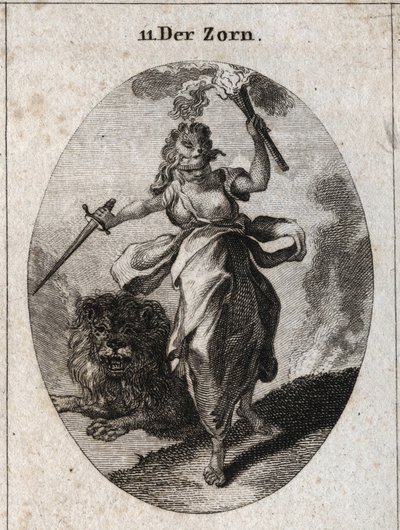 Alegoría de la ira representada en una actitud inquieta, con una venda en los ojos, una espada y una antorcha en las manos. Está vestida con piel de oso y el león detrás de ella es furiosidad. Grabado en "Iconologie oder Ideen aus dem Gebiete der Leidensch de Austrian School