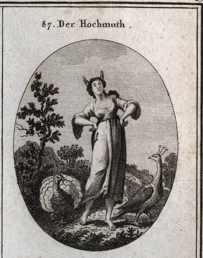 Alegoría de la arrogancia. Sus orejas de burro marcan ignorancia y su postura denota su orgullo. El pavo real es un símbolo de orgullo y el pavo haciendo la rueda es el de la estupidez. Grabado en "Iconologie oder Ideen aus dem Gebiete der Leidenschaften u de Austrian School