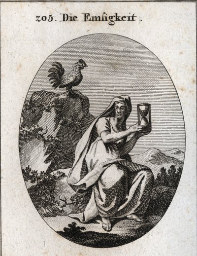 Alegoría de la asistencia. Ella sostiene un reloj de arena y se sienta al pie de una roca rodeada de una planta de hiedra. El gallo es su atributo porque la asistencia no existe sin vigilancia. Grabado en 