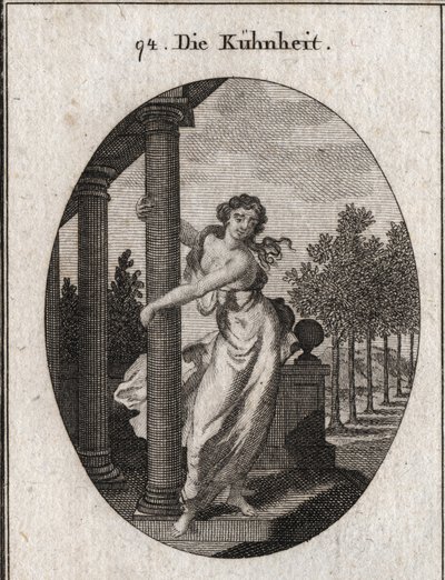 Alegoría de la audacia que abraza una columna que sostiene un edificio, mientras intenta derribarlo; Grabado en “Iconologie oder Ideen aus dem Gebiete der Leidenschaften und Allegorien bildich dargestellt fur Zeichner, Mahler, Dichter, Gelehrte, Erzieher de Austrian School