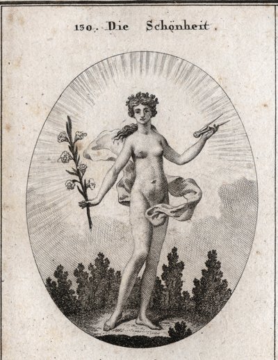 Alegoría de la belleza. El compás es el emblema de la precisión de las proporciones. El lirio es el símbolo de la belleza. Grabado en "Iconologie oder Ideen aus dem Gebiete der Leidenschaften und Allegorien bildich dargestellt fur Zeichner, Mahler, Dichter de Austrian School