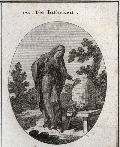 Alegoría de la amargura. Ella mira tristemente una planta de ajenjo que germinó en una colmena de miel. Grabado en “Iconologie oder Ideen aus dem Gebiete der Leidenschaften und Allegorien bildich dargestellt fur Zeichner, Mahler, Dichter, Gelehrte, Erziehe de Austrian School