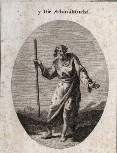 Alegoría de la culpa representada por Momus, el dios de la sátira y la reprimenda, como un anciano hablando y golpeando la tierra. Su ropa está cubierta de orejas, ojos y lenguas. Grabado en "Iconologie oder Ideen aus dem Gebiete der Leidenschaften und All de Austrian School