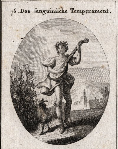 Alegoría del temperamento sanguíneo. La cabra que come uvas muestra que la sangre se lleva a los placeres del amor y Baco. Grabado en "Iconologie oder Ideen aus dem Gebiete der Leidenschaften und Allegorien" de Austrian School