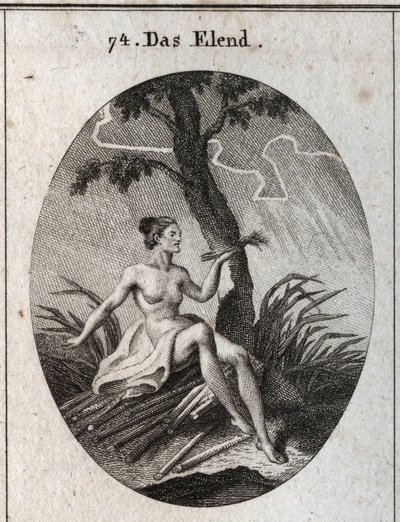 Alegoría de la calamidad. Ella se sienta en brisas cuya fragilidad es la imagen de la inestabilidad de la fortuna y las miserias de la vida. Grabado en "Iconologie oder Ideen aus dem Gebiete der Leidenschaften und Allegorien bildich dargestellt fur Zeichne de Austrian School