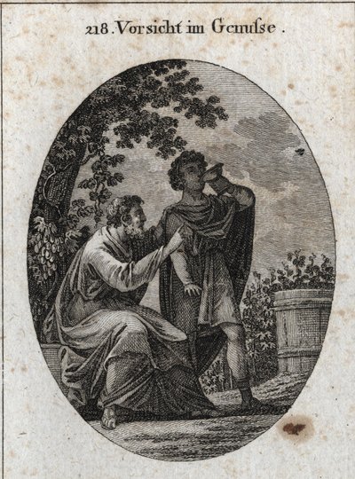 Alegoría de la precaución mientras disfruta. Un filósofo nos advierte que la vid produce tres tipos de uvas: la del placer, la de la embriaguez y la del dolor y la locura. Grabado en "Iconologie oder Ideen aus dem Gebiete der Leidenschaften und Allegorien" de Austrian School
