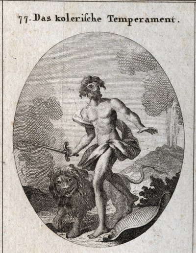 Alegoría del temperamento colérico. Él sostiene una espada para atacar y acaba de arrojar su escudo olvidando defenderse. Su atributo es un león amenazante. Grabado en "Iconologie oder Ideen aus dem Gebiete der Leidenschaften und Allegorien bildich dargest de Austrian School