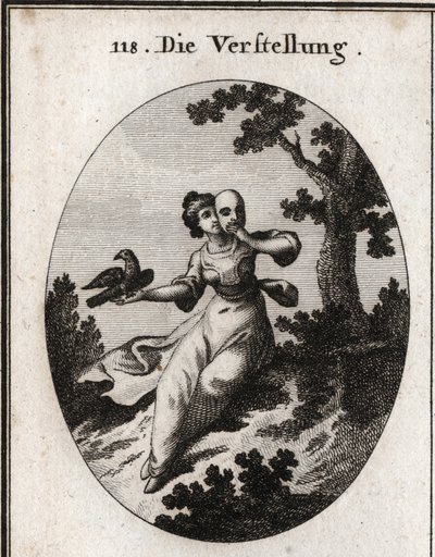 Alegoría del encubrimiento. Ella cubre su rostro con una máscara, emblema de la falsedad. Su atributo es una urraca, tanto blanca como negra, y sus caricias se mezclan con picos. Grabado en "Iconologie oder Ideen aus dem Gebiete der Leidenschaften und Alle de Austrian School