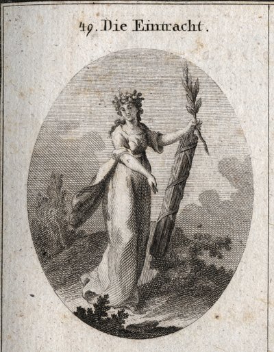 Alegoría de la concordia representada con una corona de granadas, emblema de la unión. La rama de olivo y un símbolo de paz y el haz de varas fuertemente atadas marcan el poder de las fuerzas unidas. Grabado en “Iconologie oder Ideen aus dem Gebiete der Le de Austrian School
