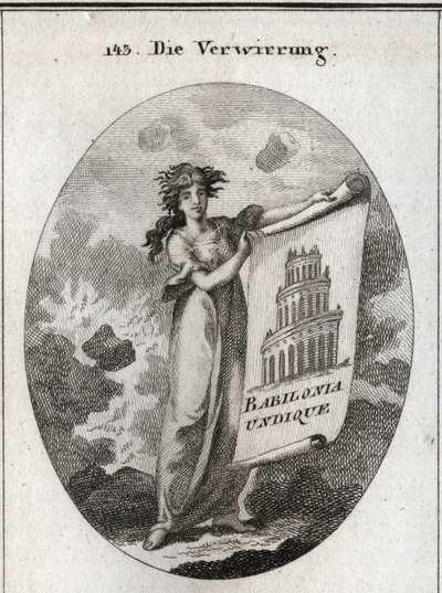 Alegoría de la confusión sosteniendo un dibujo que representa la Torre de Babel con la palabra "Babylonia Undique". El fondo representa el caos y su cabello no encaja con la inestabilidad de sus fantasías. Grabado en "Iconologie oder Ideen aus dem Gebiete  de Austrian School
