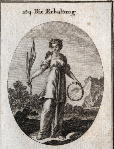 Alegoría de la conservación. La rama de cedro es incorruptible pero también es el emblema de la conservación y el círculo el de la sucesión continua. Ella lleva una corona de plantas aromáticas que los egipcios usaban para preservar a los muertos. Grabado  de Austrian School