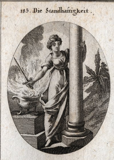 Alegoría de la constancia. Ella sostiene una espada sobre un fuego ardiente. La columna que abraza es el atributo de la granja. Grabado en "Iconologie oder Ideen aus dem Gebiete der Leidenschaften und Allegorien bildich dargestellt fur Zeichner, Mahler, Di de Austrian School