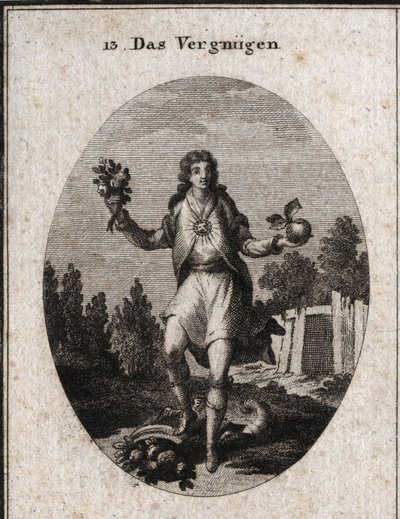 Alegoría del contento representada por un joven sosteniendo una manzana dorada con una mano y un ramo de flores con la otra. Muestran que todo lo que lo rodea participa en su alegría, que está simbolizada por el rubí que irradia en su pecho. Su atributo es de Austrian School