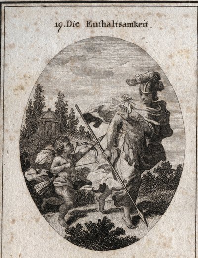 Alegoría de la continencia, virtud heroica representada como una guerrera con un casco y una lanza dirigida hacia la tierra. Ella evita luchar contra las pasiones (representadas por el amor) y se defiende de sus atracciones para preservar su castidad. Grab de Austrian School