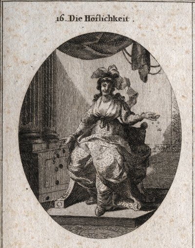 Alegoría de la cortesía representada por una mujer rica, graciosa y sonriente que reparte dinero y joyas. Grabado en “Iconologie oder Ideen aus dem Gebiete der Leidenschaften und Allegorien bildich dargestellt fur Zeichner, Mahler, Dichter, Gelehrte, Er de Austrian School