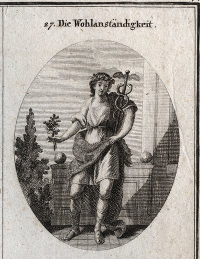 Alegoría de la decencia. Joven con piel de león para expresar su distinción y grandeza de alma. La rama de amaranto y la corona muestran que aún mantiene su belleza. La elocuencia y sagacidad en el discurso. Grabado en “Iconologie de Austrian School