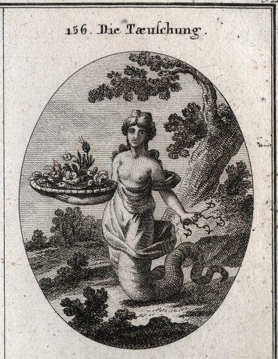 Alegoría del engaño. Entre las flores de la cesta hay una serpiente. Ella sostiene varios anzuelos ocultos detrás de ella. Sus piernas terminan en una cola de serpiente para mostrar que se arrastra para lograr sus fines. Grabado en "Iconologie oder Ideen a de Austrian School