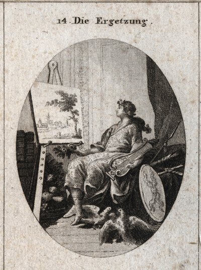 Alegoría de la delectación representada por un joven sosteniendo una lira cerca de una pintura con frutas, libros, armas y dos palomas que se acarician, todo simbolizando el encanto de los sentidos. Grabado en "Iconologie oder Ideen aus dem Gebiete der Lei de Austrian School