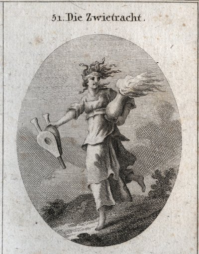 Alegoría de la discordia. Su cabello está formado por víboras y su frente tiene una venda ensangrentada. Un fuelle en una mano y en la otra un vaso de fuego. Grabado en 