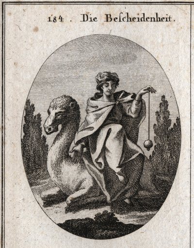 Alegoría de la discreción. El plomo que sostiene perpendicular es el atributo de la corrección. Ella se sienta en un camello arrodillado para facilitar su paseo. Grabado en Iconologie oder Ideen aus dem Gebiete der Leidenschaften und Allegorien bildich dar de Austrian School