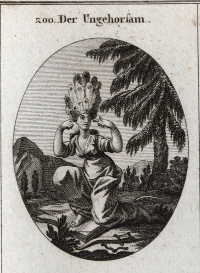 Alegoría de la desobediencia. El libro de la vergüenza marca su desprecio por las leyes y preceptos que domina pisoteando el freno y el yugo. Ella se tapa los oídos para no escuchar reprimendas. Su cabello es de plumas de pavo real. Grabado en “Iconologie  de Austrian School