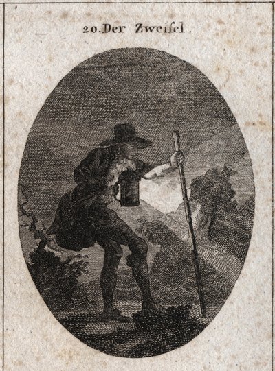 Alegoría de la duda representada por un joven caminando en la oscuridad con una linterna y un barco que ayuda a encontrar su camino a través de varios caminos llenos de piedras. Grabado en “Iconologie oder Ideen aus dem Gebiete der Leidenschaften und Alleg de Austrian School