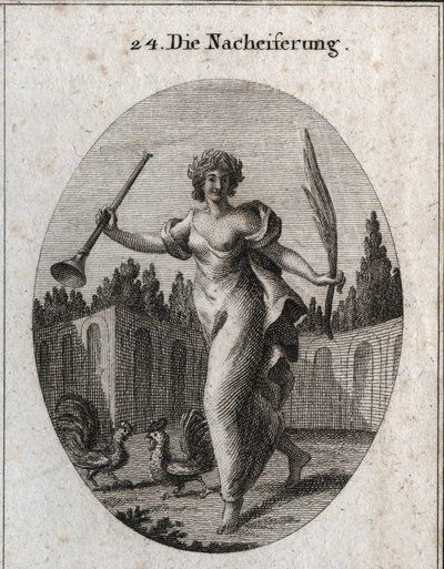 Alegoría de la emulación. La trompeta y la palma simbolizan la recompensa atribuida al mérito. Los atributos son dos gallos listos para pelear. Grabado en “Iconologie oder Ideen aus dem Gebiete der Leidenschaften und Allegorien bildich dargestellt fur Zeic de Austrian School