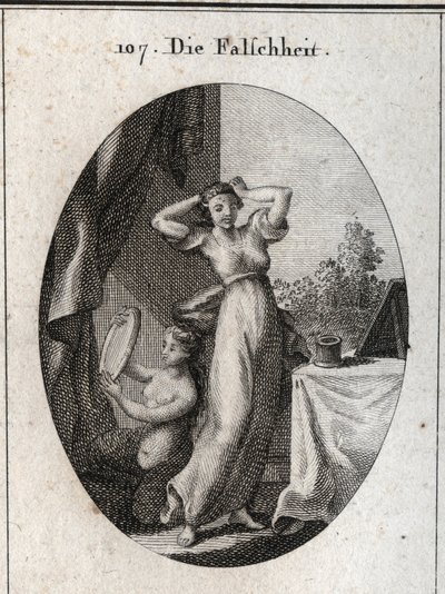 Alegoría de la falsedad. Su emblema es una sirena mirándose en un espejo. Grabado en “Iconologie oder Ideen aus dem Gebiete der Leidenschaften und Allegorien bildich dargestellt fur Zeichner, Mahler, Dichter, Gelehrte, Erzieher und freunde Hoherer G”. de Austrian School