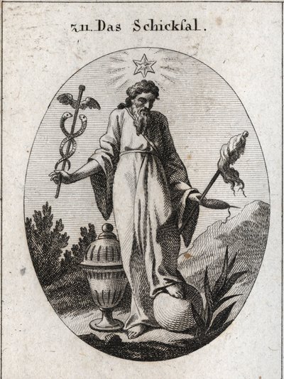 Alegoría del destino. Una estrella sobre ella proyecta informes de astrología sobre incidentes de la vida humana. Sostiene con una mano un símbolo de su poder y con la otra un junco y un huso cuyo hilo roto indica la fragilidad de la vida. La tierra de Austrian School