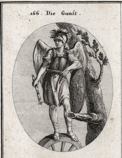 Alegoría del favor derivado de la virtud simbolizado por la armadura y las alas, de la fortuna representada por la rueda y el azar representado por el escudo en el que se ilustra la aventura de Arion. El cetro cae hacia la tierra como signo de los reyes de de Austrian School