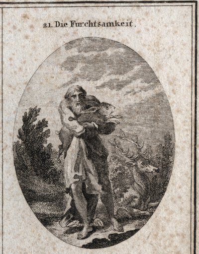 Alegoría del miedo en la figura de un anciano con alas en los pies propicias para escapar. Sus atributos son la liebre y el ciervo. Grabado en “Iconologie oder Ideen aus dem Gebiete der Leidenschaften und Allegorien bildich dargestellt fur Zeichner, Mahler de Austrian School