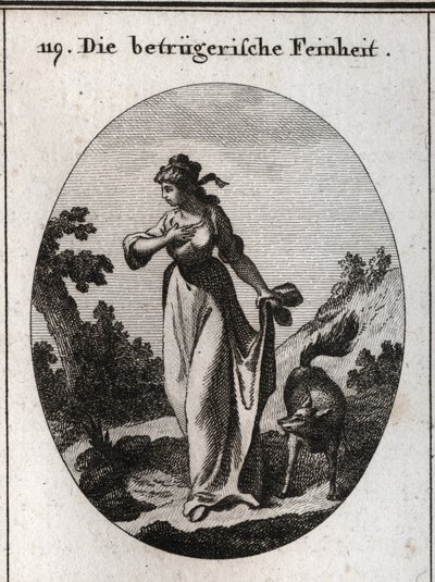Alegoría de la astucia que tiende a engañar. Se la representa con una mano en el pecho y otra detrás sosteniendo un zorro, símbolo del engaño. Grabado en “Iconologie oder Ideen aus dem Gebiete der Leidenschaften und Allegorien bildich dargestellt” de Austrian School