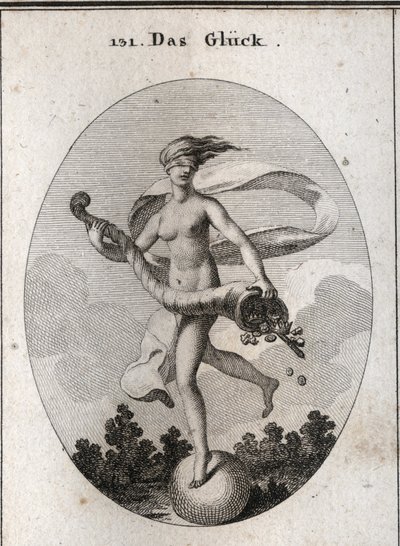 Alegoría de la fortuna representada con una venda en los ojos para mostrar que es ciega a sus dones. Ella sostiene un cuerno de la abundancia de cetros, coronas, joyas y monedas. Está colocada sobre una bola que gira rápidamente. Grabado en “Iconologie ode de Austrian School