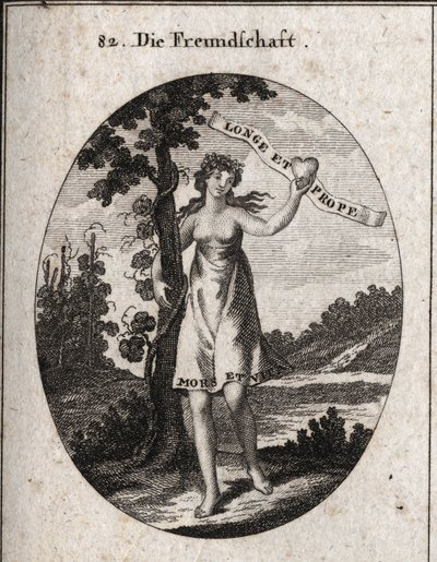 Alegoría de la amistad. Las flores de mirto y granada en su corona son símbolos de amor y armonía. Muestra un corazón con esta inscripción: “Longe et prope” (De lejos y cerca). En la parte inferior de su vestido está escrito “Bitches et vita” (Muerte y Vid de Austrian School