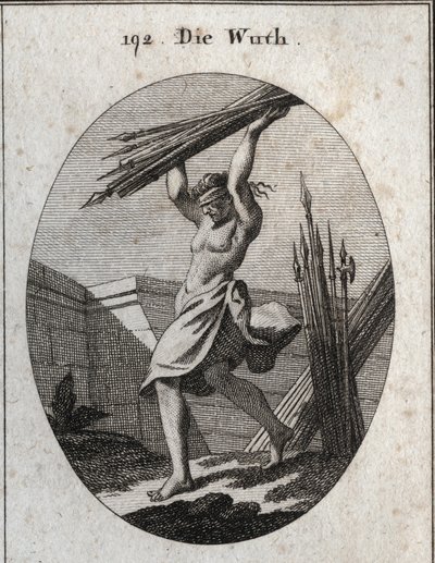Alegoría de la furia. Con una venda en los ojos, lanza un haz de diferentes tipos de armas para marcar su triunfo en la guerra, masacres y peleas. Grabado en “Iconologie oder Ideen aus dem Gebiete der Leidenschaften und Allegorien bildich dargestellt fur Z de Austrian School