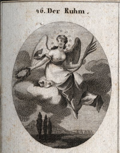Alegoría de la gloria en una nube. Ella sostiene una palma y presenta coronas de laurel con las que recompensa a sus favoritos. Sus alas marcan su elevación. Grabado en “Iconologie oder Ideen aus dem Gebiete der Leidenschaften und Allegorien bildich darges de Austrian School