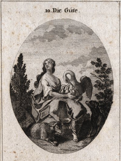 Alegoría de la bondad representada por una belleza noble y abundante mirando al cielo con amor. El pelícano simboliza la caridad, el perro la fidelidad y el cordero, la dulzura. Grabado en “Iconologie oder Ideen aus dem Gebiete der Leidenschaften und Alleg de Austrian School